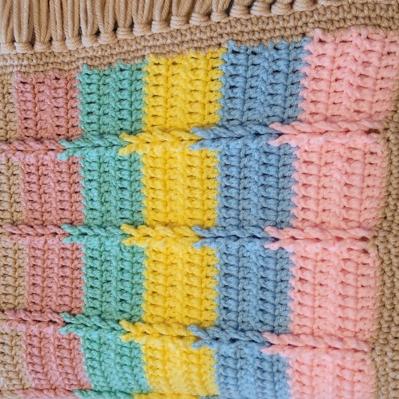 Handmade knitted blanket throw with fringe trim multi rainbow colours - Picture 3 of 7